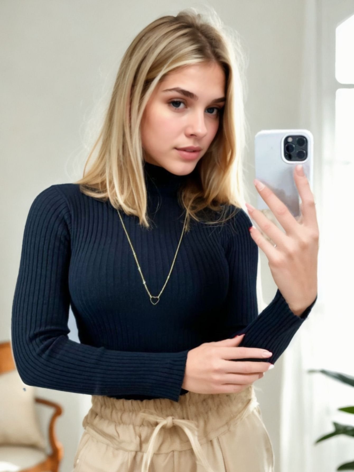 Blusa Tricot Canelada Manga Longa Gola Alta