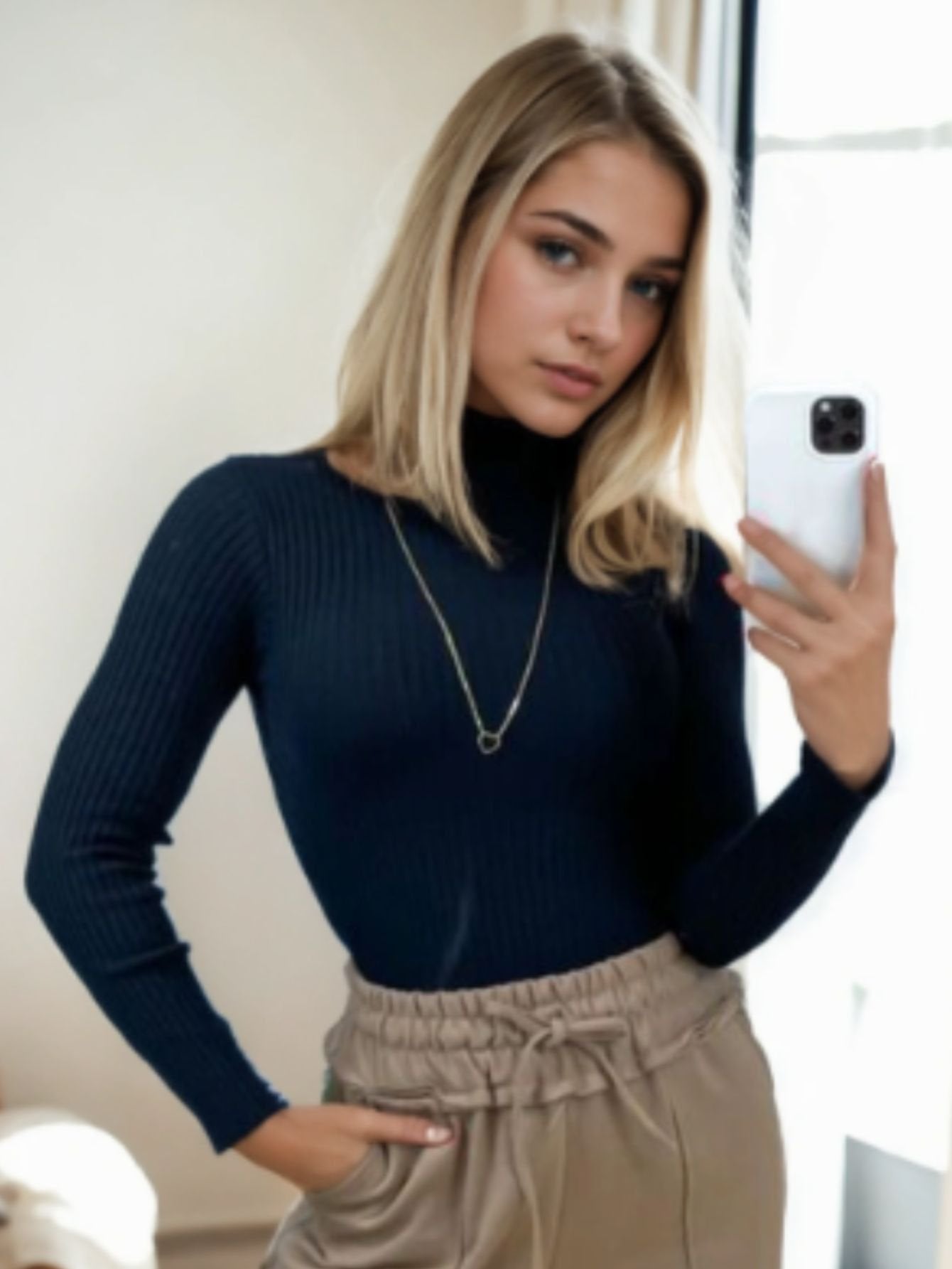 Blusa Tricot Canelada Manga Longa Gola Alta