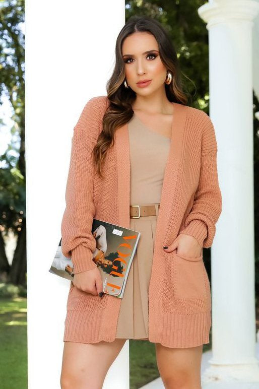 Cardigan Tricot Básico com Bolso
