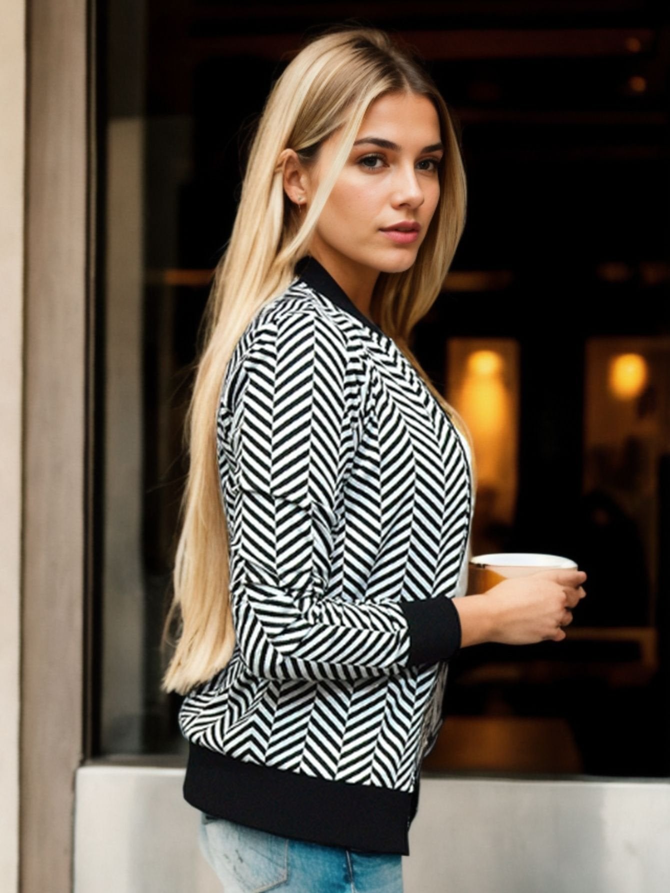 Jaqueta Manga Longa Feminina Crepe com Zíper