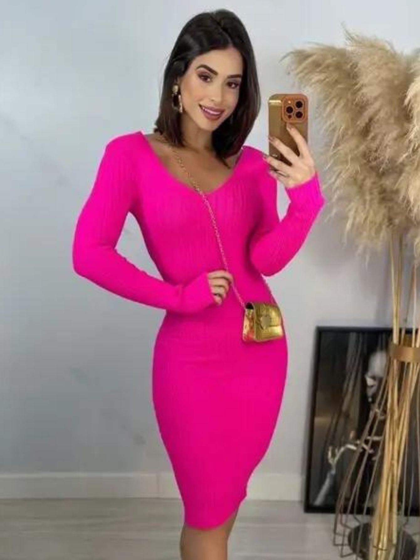 Vestido Tricot Canelado Midi Manga Longa