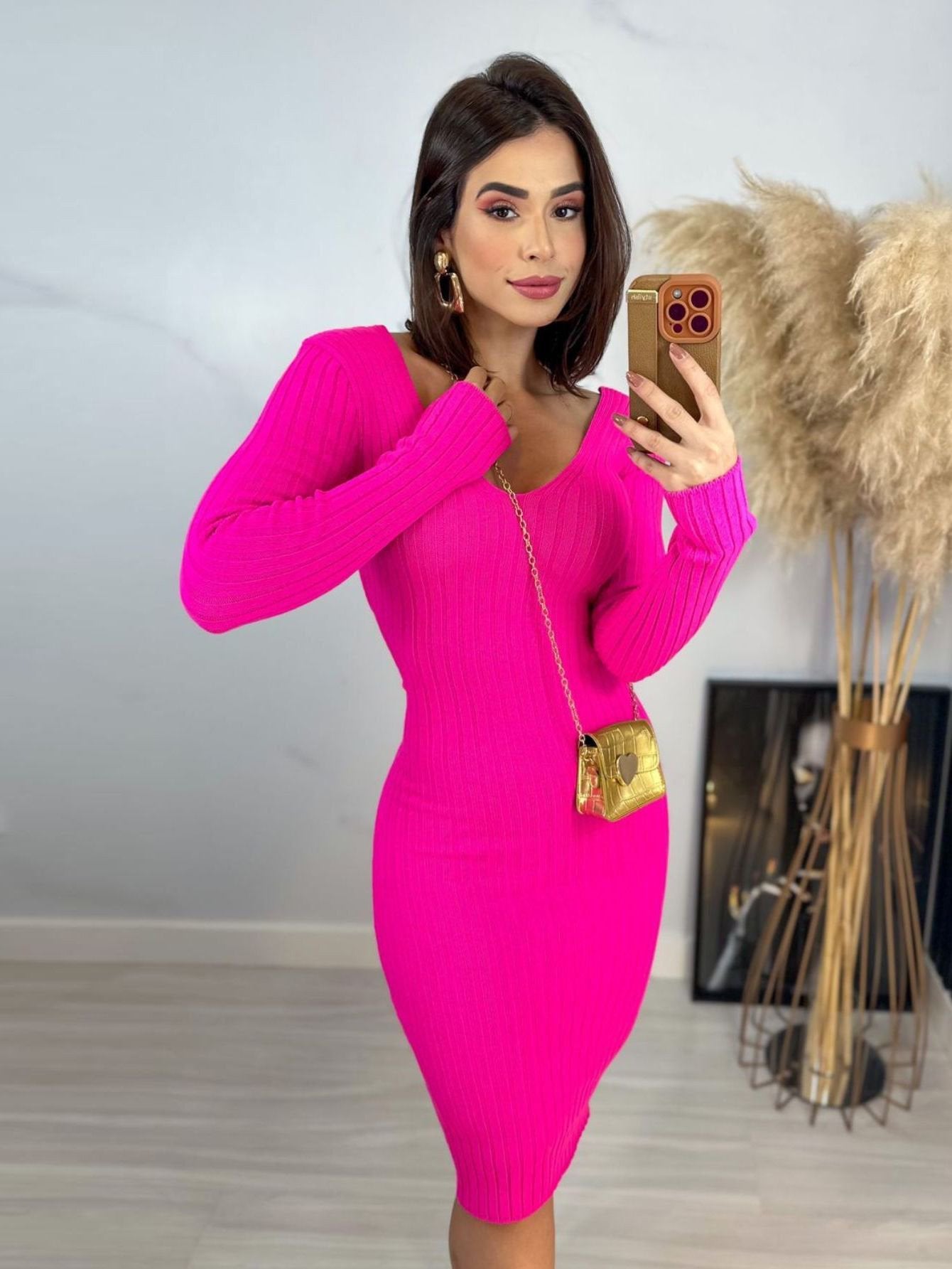 Vestido Tricot Canelado Midi Manga Longa