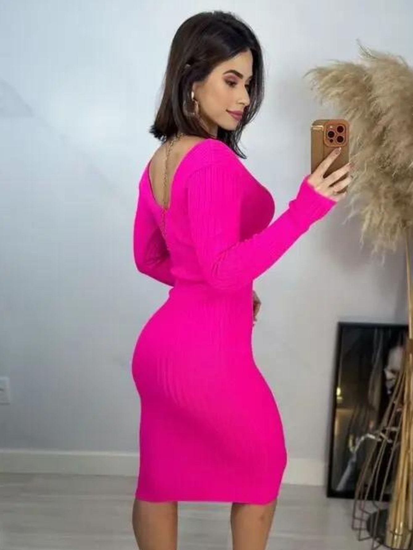Vestido Tricot Canelado Midi Manga Longa