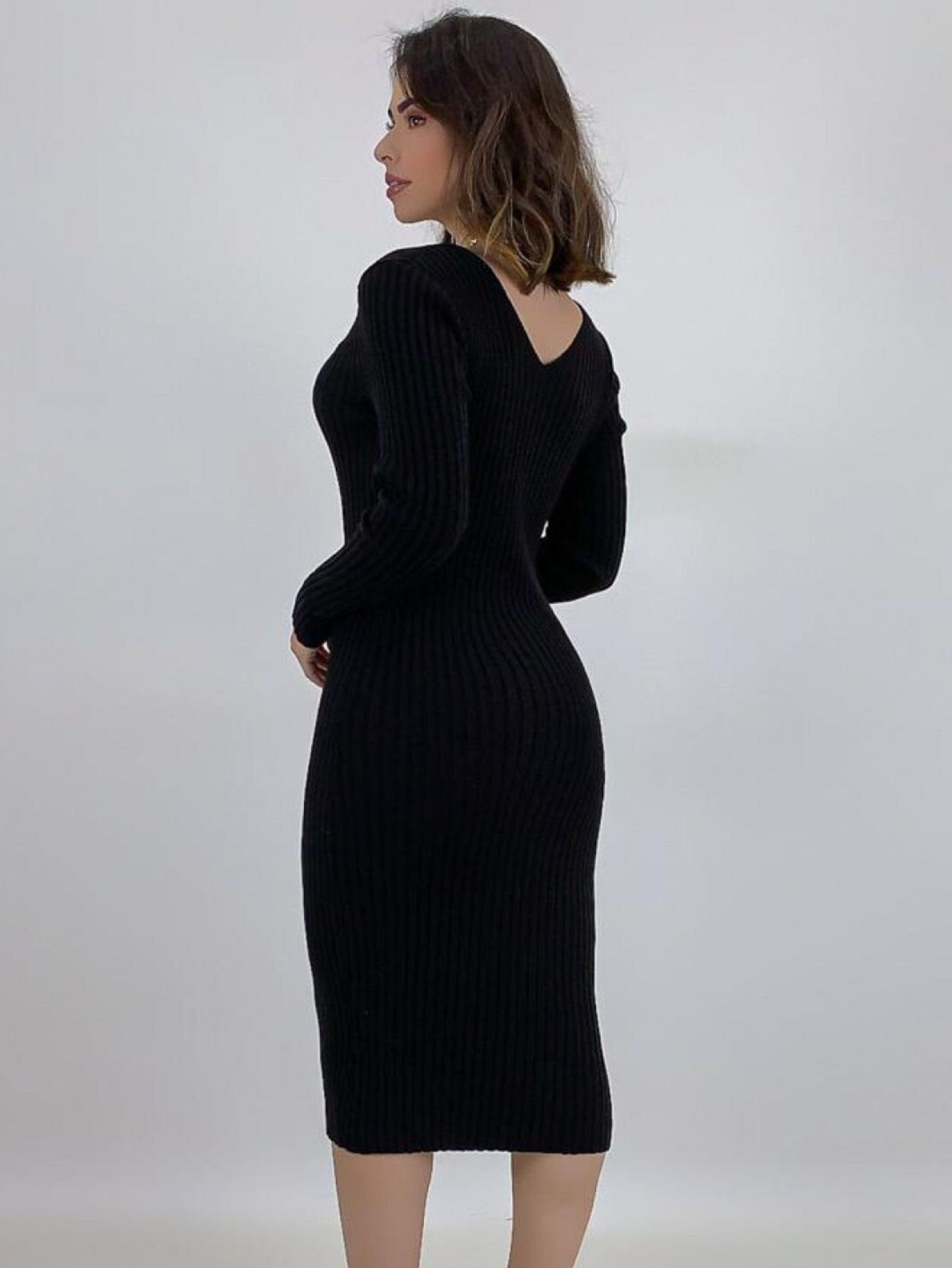 Vestido Tricot Canelado Midi Manga Longa
