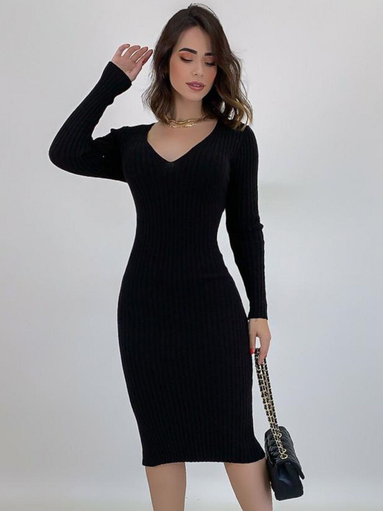 Vestido Tricot Canelado Midi Manga Longa