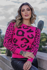 Blusa Tricot Detalhes Onça Manga Longa