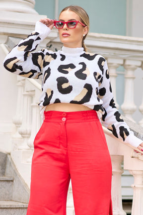 Blusa Tricot Duo Print Manga Longa