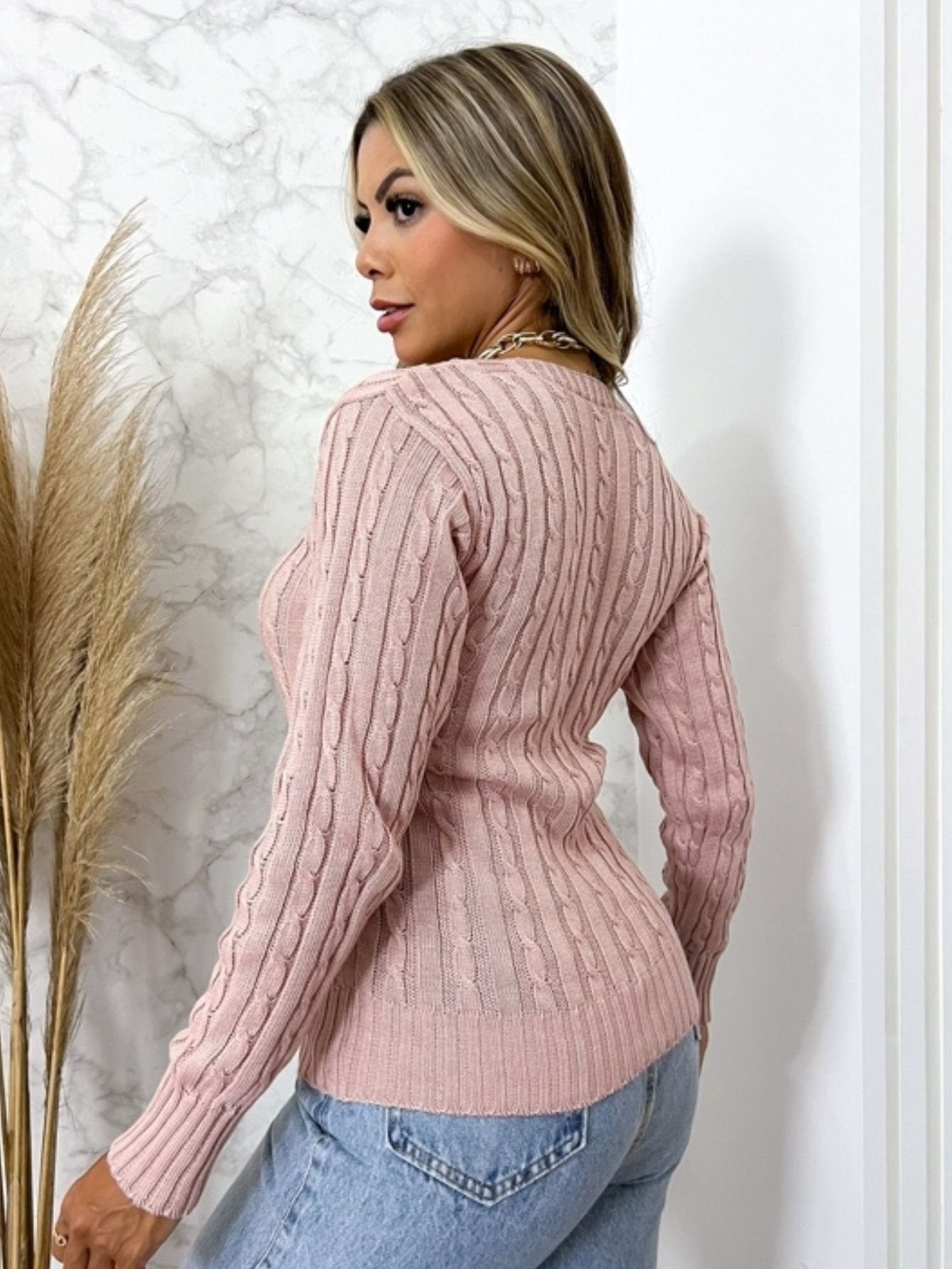 Blusa Tricot Gola V Manga Longa