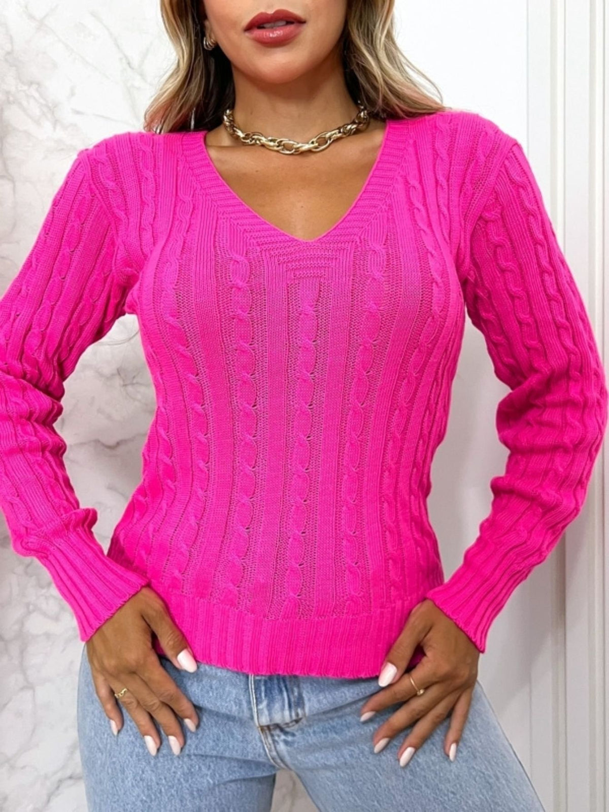 Blusa Tricot Gola V Manga Longa