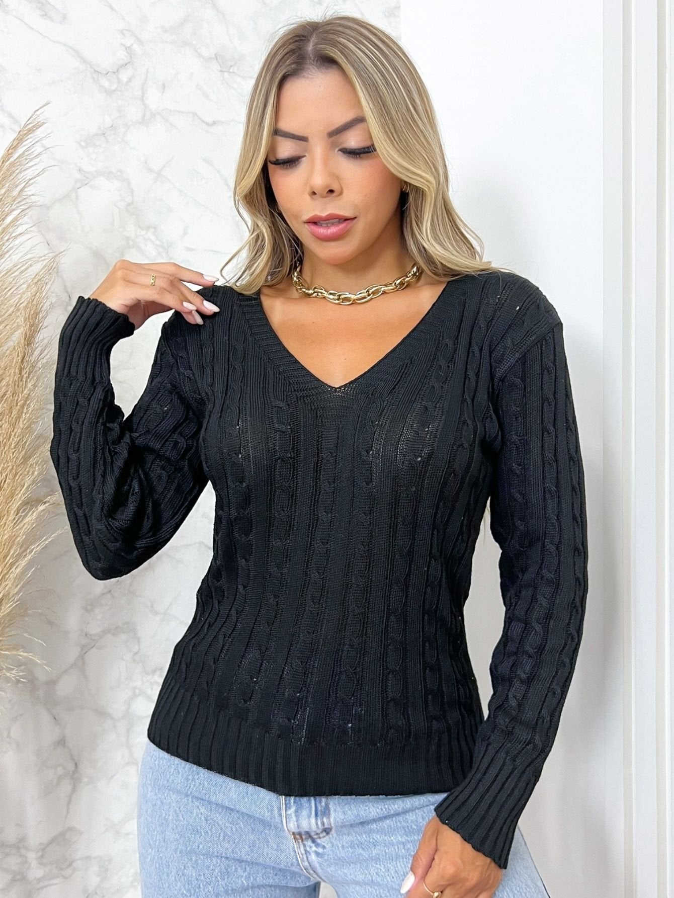Blusa Tricot Gola V Manga Longa