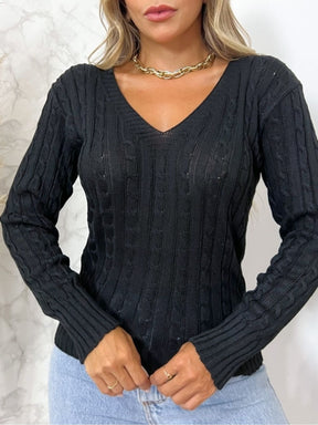 Blusa Tricot Gola V Manga Longa